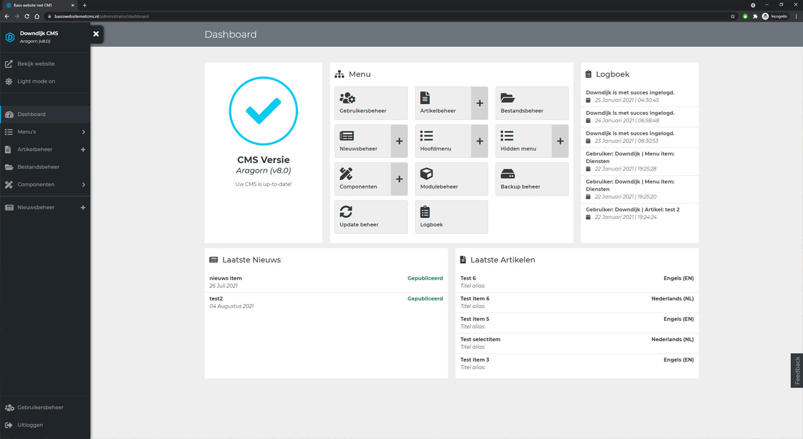 Downdijk CMS Aragorn Dashboard
