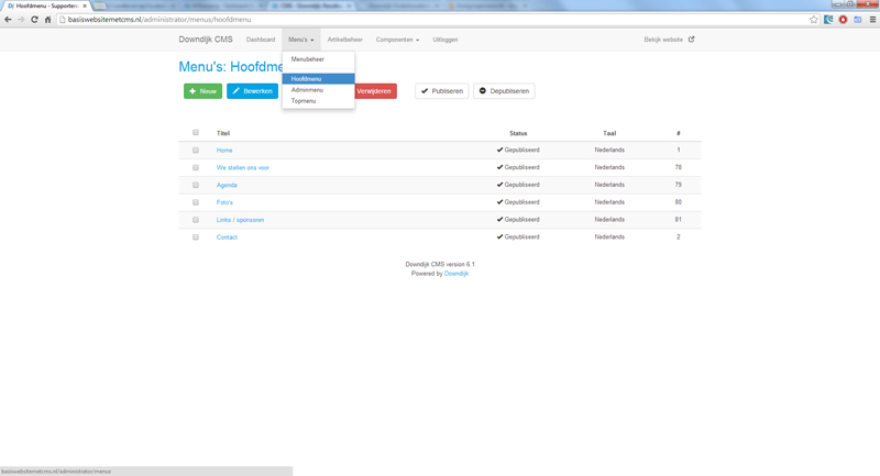 Downdijk CMS 6 menubeheer