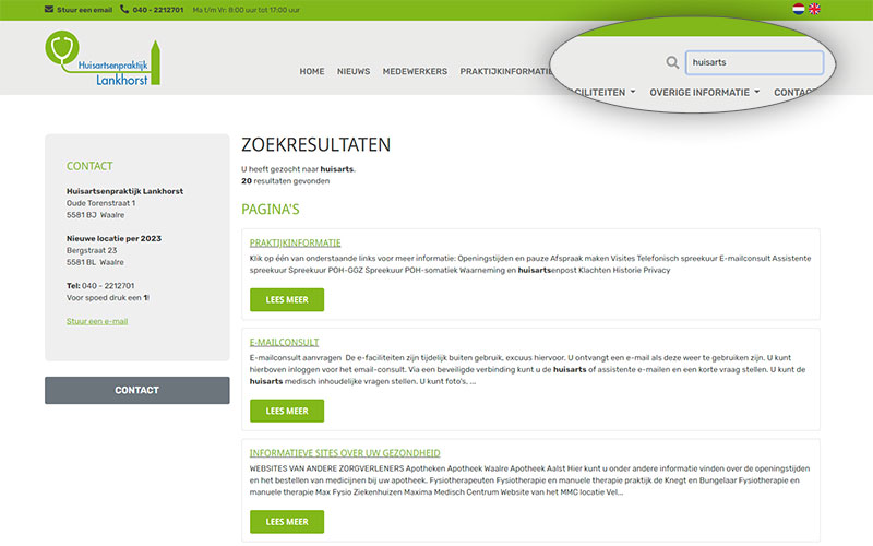 Screenshot Huisartsenpraktijk Lankhorst zoekfunctie