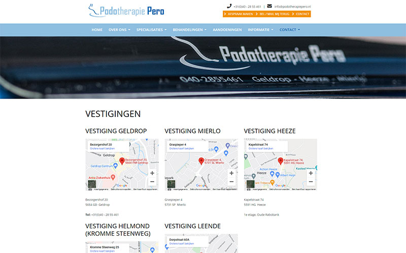 Screenshot vestigingenpagina Podotherapie Pero
