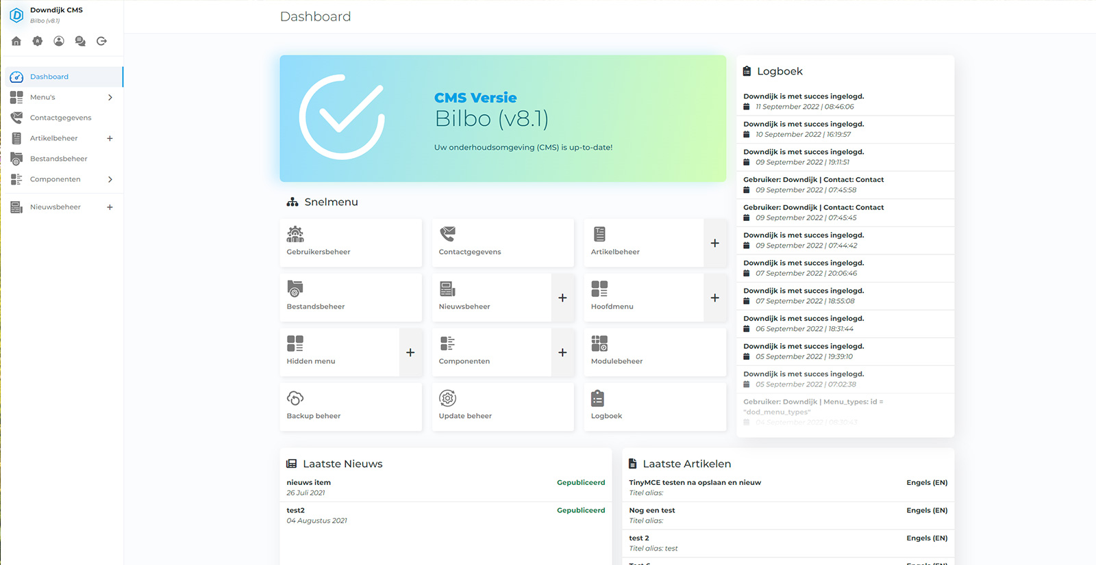 Downdijk CMS Bilbo dashboard