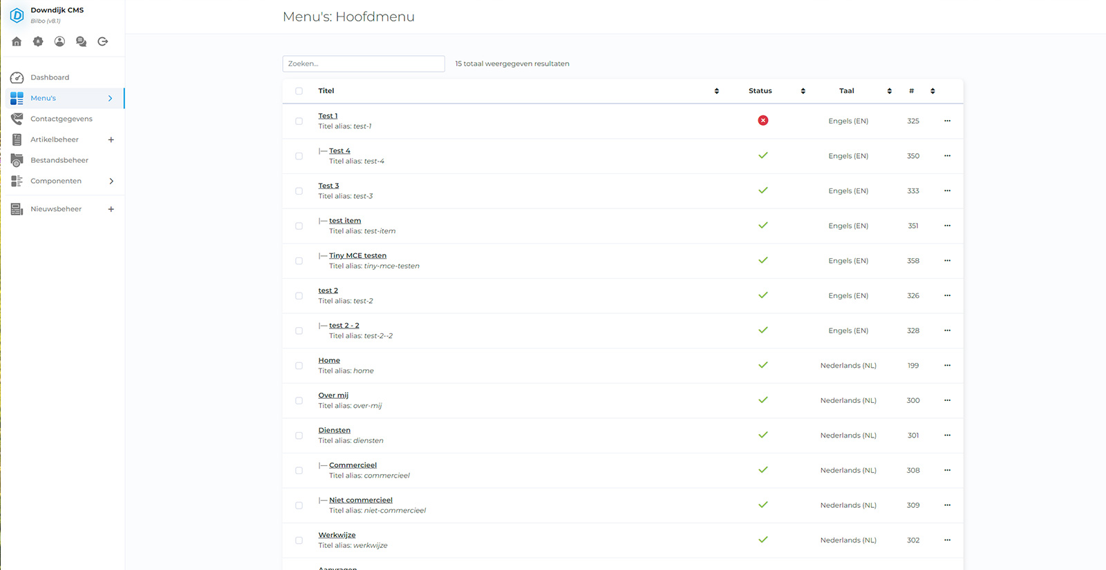 Downdijk CMS Bilbo menu management